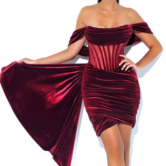 Burgundy Velvet Off Shoulder Corset Dress - Picture 4 of 10